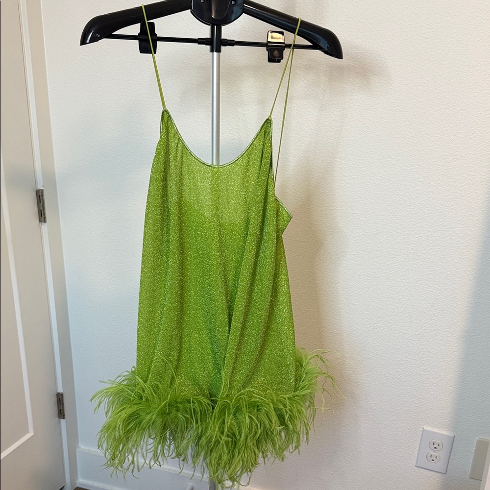Oseree Lime Green Feather Trim Mini Dress